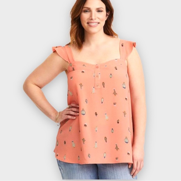 Torrid CORAL CACTUS RUFFLE CREPE TANK - Picture 1 of 6